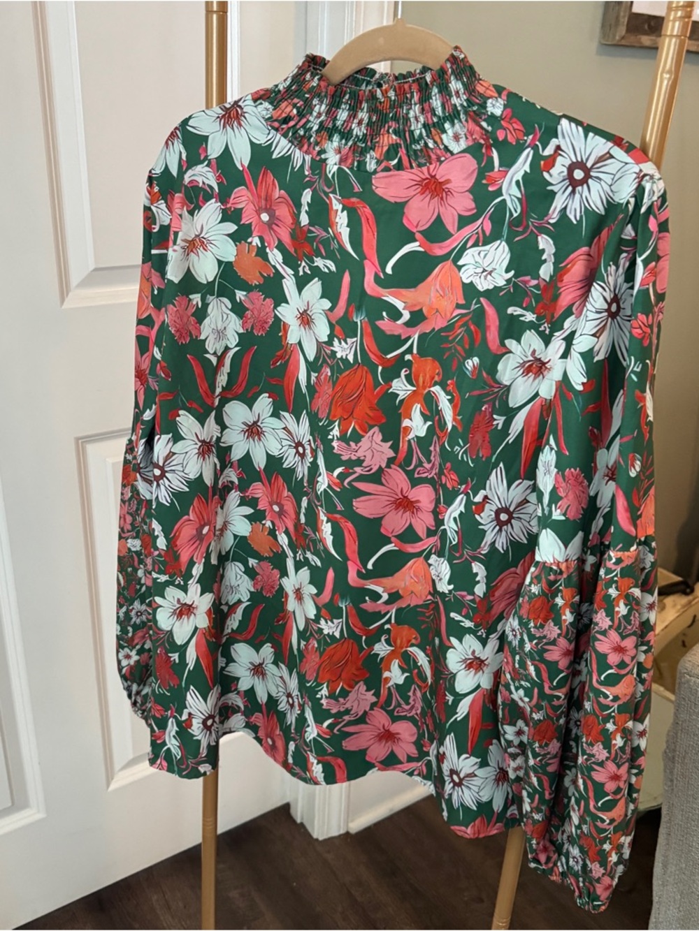 Green Floral Smocked-Neck Long Sleeve Blouse